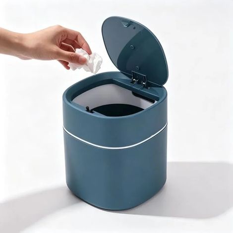 Mini Poubelle de Bureau, Petite Poubelle de Comptoir avec Couvercle Pressable en Plastique ABS pour Débris, Design Compact po - Bleu (1/5)
