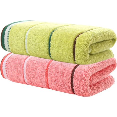 Ensemble de 2 serviettes de bain en coton, 70 x 140 cm, très absorbantes et légères, rose et vert. (1/4)