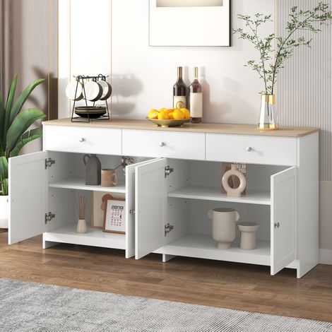 Credenza 160x37x75 cm, 3 cassetti e 4 ante con ripiani regolabili, MDF bianco e colore legno (1/5)