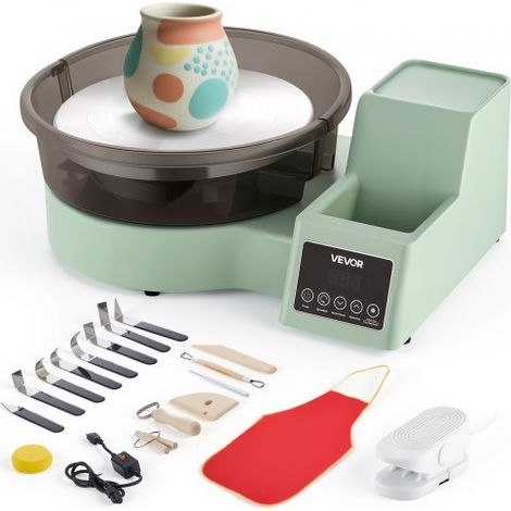 Torno de Alfarero, Placa de Aluminio 28 cm, Rueda de Cerámica Eléctrica, Velocidad Ajustable de 30 a 300 RPM, Herramienta de Arcilla con Pedal Pantalla Almacenamiento, para Bricolaje, Verde (1/5)
