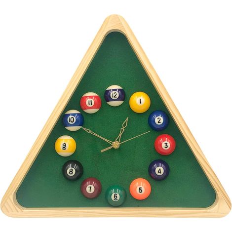 Horloge de billard Yuanhe - Table de billard triangulaire de 35 cm, horloge murale élégante avec cadre en bois massif, idéale pour une salle de billard, une salle de jeux ou un bar. (1/5)