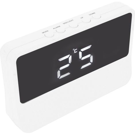 Réveil numérique LED blanc, horloge électronique silencieuse moderne, écran miroir haute définition, affichage digital précis, design épuré, idéal chambre. (1/5)