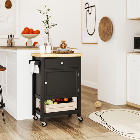 Desserte de cuisine roulante, chariot de service avec plateau en bois d'hévéa, tiroir de rangement intégré, 63,5 x 40 x 90 cm, noir