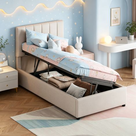 JOOKGBD–Letto contenitore 90x200 cm,letto singolo con spazio di archiviazione,testiera regolabile in altezza,rete a doghe,letto imbottito per bambini,letto per adolescenti in stile scandinavo,beige
