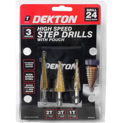 Dekton 3pc Large Hss Step Cone Drill Titanium Bit Set Hole Cutter + Storage Pouch (1/2)