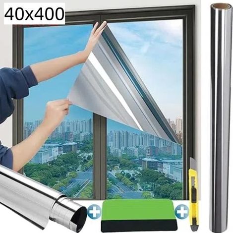 Film anti-regard pour vitres - Argent 40×400 cm - 99% Anti-UV - Protection vie privée - Effet miroir (1/4)
