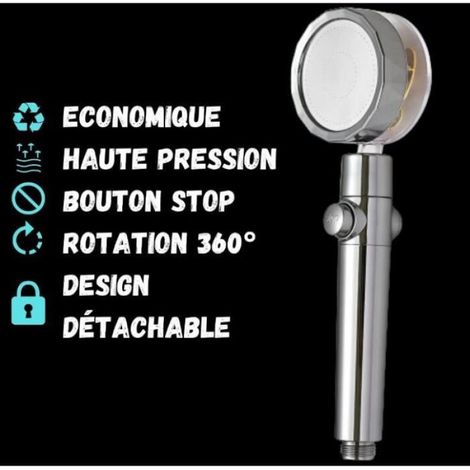 Pommeau De Douche À Main - Hélice Turbo Haute Pression - 360° Rotation - Arrêt Stop Intégré - Filtre Coton PP - 1 Pièce (1/4)