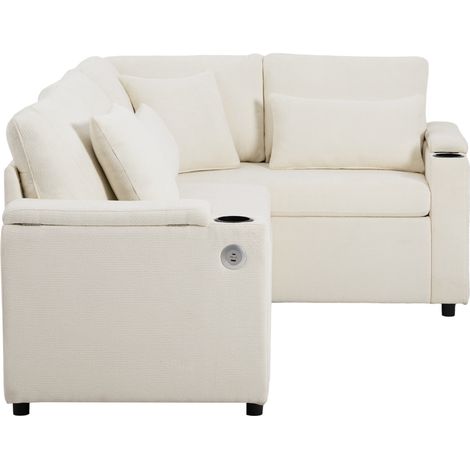 Canapé d'angle convertible L en chenille beige avec rangement, porte-gobelet, port USB et 4 coussins (1/5)