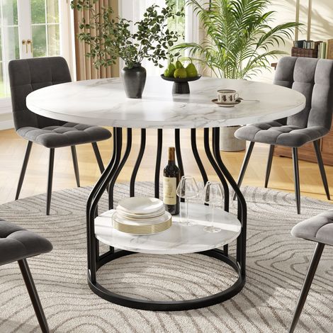 DESMIU Table de salle à manger ronde avec espace de rangement et pieds réglables, MDF effet marbre noir, 80 × 80 × 76 cm (1/5)