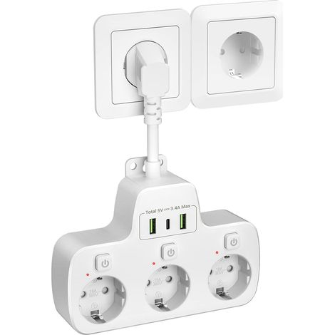 Multiprise 3 Prises avec Interrupteur Individuel, Prise Multiple USB C Bloc Multiprise Murale Parafoudre, Adaptateur Triple Prise USB, Rallonge Triplette Electrique 0,1m Cable Court, Blanc (1/5)