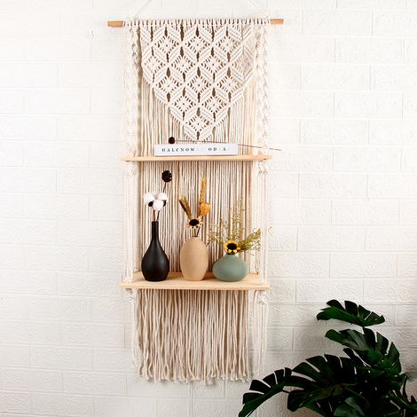 Tapisserie Murale, étagère Murale tissée décoration Murale en Bois étagère de Rangement Suspendue Flottante Corde de Coton bohème (1/5)