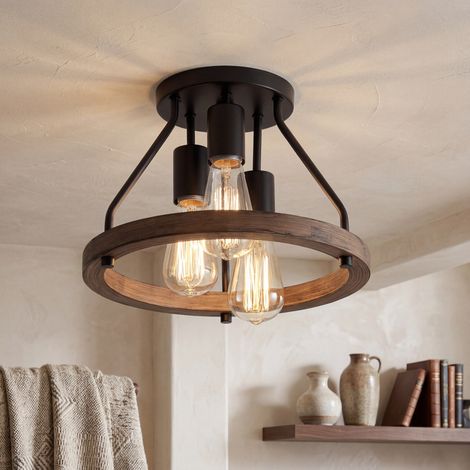 Plafonnier semi-encastré rustique 3 lumières – Finition bois et métal noir, support E27/E26, idéal pour couloir, chambre et entrée