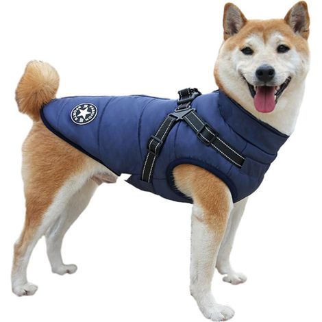 Gilet d’hiver pour chien avec harnais intégré – Veste chaude et confortable – Taille XL – Bleu (1/4)