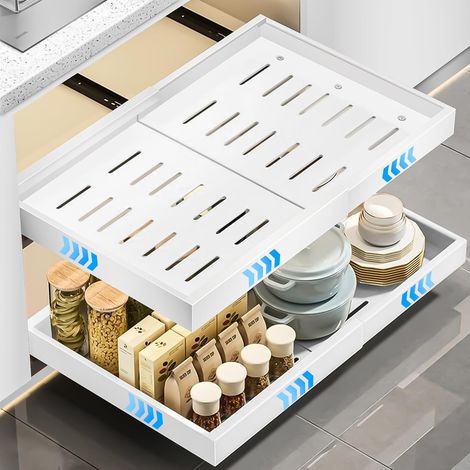 Lot de 2 Tiroir Coulissant, Système à 3 Rails, Acier Carbone, Organisateur de Placard, Cuisine
