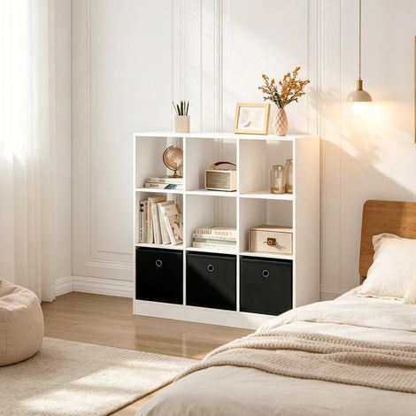 Libreria 80x30x86.5 cm bianco e nero in legno ingegnerizzato con 3 cassetti in tessuto e cubi contenitori (1/4)