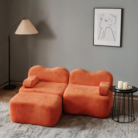 Canapé d'angle modulable en velours orange avec pouf (1/5)
