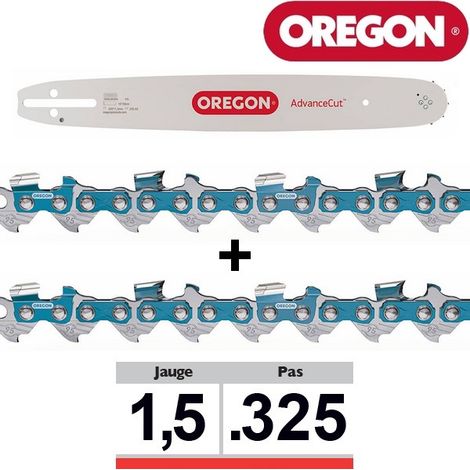 Oregon – Guide de tronçonneuse 158PXBK095 543486 – Longueur 38cm – Pas de chaîne .325 – Jauge 1.5 – Lot de 2 chaînes 21BPX064E