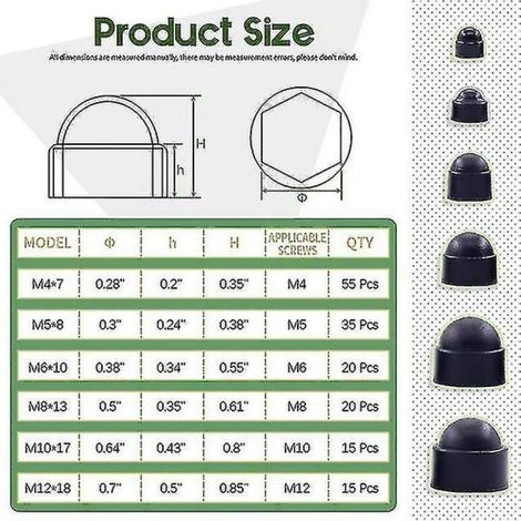 Nylon-Sechskantmuttern-Abdeckung, 160 Stück, Kunststoff-Schutzkappe, Set M4/M5/M6/M8/M10/12 - Crezuo