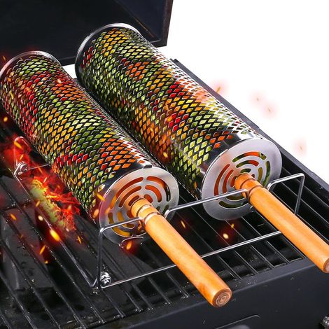 Paniers à griller à roulettes grand et moyen avec poignées en bois amovibles, grille pour légumes crevettes poissons, accessoires cuisine et grillades extérieures (1/5)