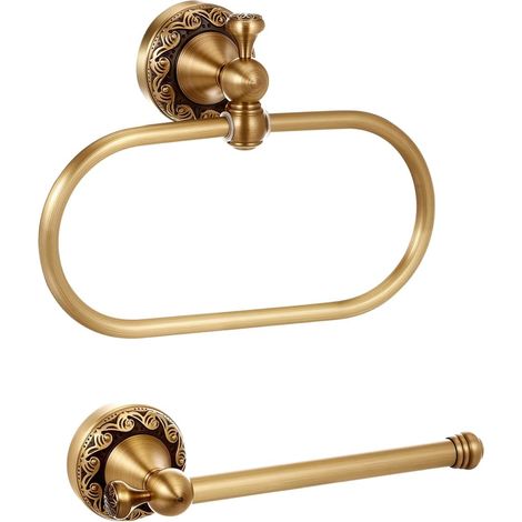 Lot de 2 accessoires de salle de bain en laiton antique, support de papier toilette, porte-rouleau de papier toilette et anneau porte-serviette, fixation murale rétro robuste vintage décoration de (1/5)