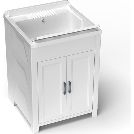 Mobile lavatoio in resina da esterno o interno con vasca e asse colore bianco 60x60x85H cm (1/4)
