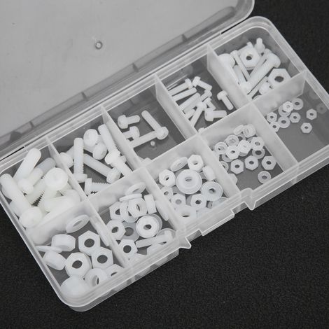 150 vis en nylon blanc, en boîte, tailles M2, M2.5, M3, M4 et M5 (combinaison). (1/5)