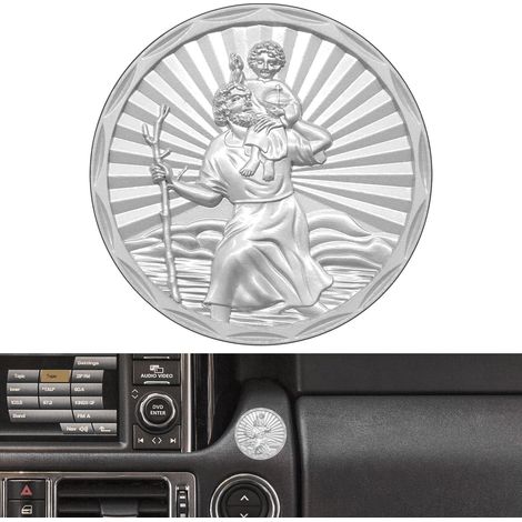 Plaque de Saint Christophe - Diamètre : 3,4 cm - Pour voiture - "Protège-nous et ramène-nous à bon port" - Cadeau avec aimant et 3 autocollants adhésifs double face - 1 pièce de fer (argenté) (1/5)
