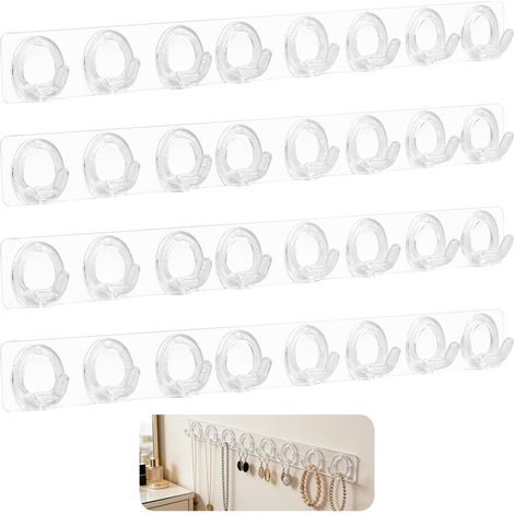 Lot de 4 Porte-Collier Mural Transparent, Support à Bijoux pour Collier avec 8 Crochets, Organisateur Adhésif en PC pour Bracelets et Boucles d'oreilles, Rangement Bijoux Discret - Sans Perçage (1/5)