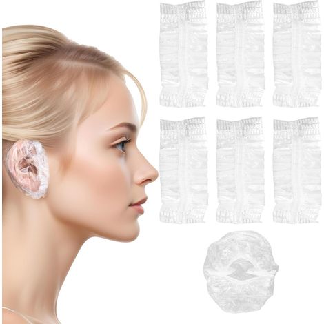 100 orejeras desechables, de plástico transparente e impermeable, tinte para el cabello, champú de ducha (1/5)