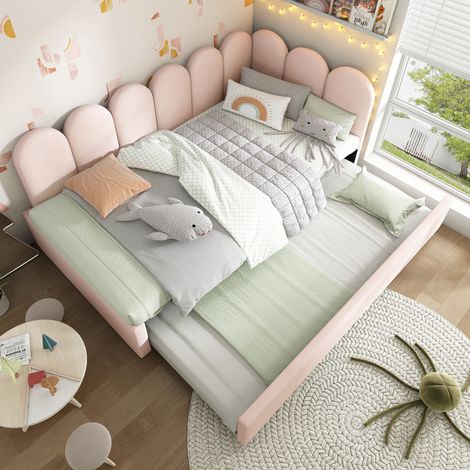 Letto Matrimoniale 90x200 cm con Letto Estraibile in Velluto Rosa (1/5)