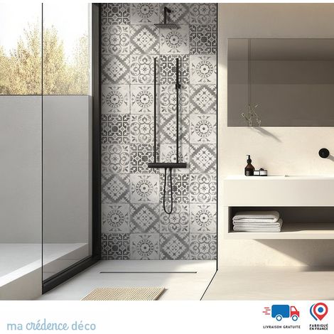 Panneau de douche : Carreaux de ciment classiques 4 - Couleur Gris platine - Alu composite - 90 - 245 (1/4)