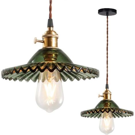 Lustre de plafond Edison industriel vintage moderne, suspension décorative E27 avec base en laiton et abat-jour en verre (vert) (SKU produit : 96855602 SKU Offre : mkh25.7.24-8) (1/4)