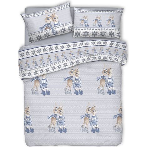Copripiumino parure sacco e federa 100% cotone motivo Renna singolo matrimoniale Blu - Singolo