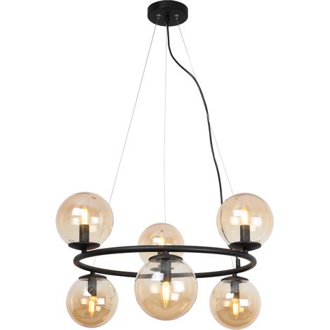 AURA SCHWARZE HÄNGELAMPE 6 FLACHE HONIGFARBIGE LAMPENSCHIRME E14