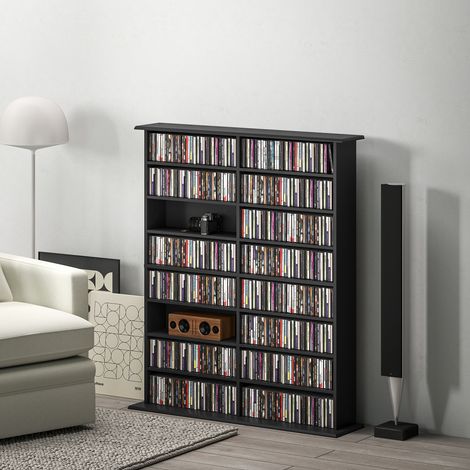 Bibliothèque CD en bois à 16 niveaux, design moderne. 106,5 x 24 x 126,3 cm. Noire.