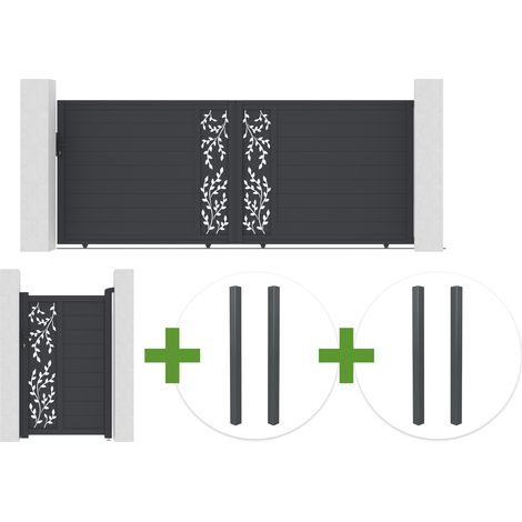 Portail coulissant 4m FOLYA H.160cm aluminium gris + 4 poteaux + Portillon 1m FOLYA H.160cm (1/5)