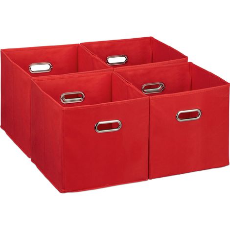 Relaxdays Scatola Portaoggetti, Set 4 Box Cubo da Scaffale HLP 30 x 30 x 30 cm, Portagiochi Pieghevole in Stoffa, Rosso