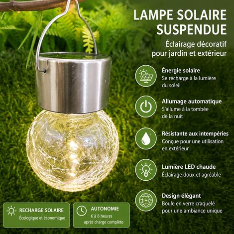 Lanterne solaire suspendue boule en verre craquelé transparent lumière chaude avec clip réf 8665 250 g – Livraison gratuite