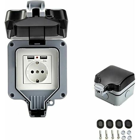 [JAMAIS UTILISÉ]Prise murale d'extérieur double avec port USB, étanche et résistante, équipée d'une boîte murale simple pour une utilisation en extérieur. (1/4)