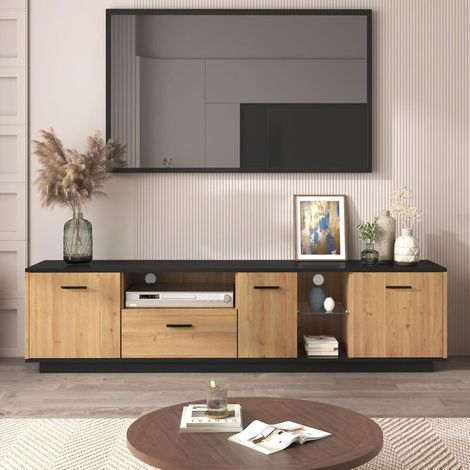 Mobile porta TV a LED, ripiano in vetro, 3 ante, vani a giorno e cassetto, panca porta TV per soggiorno/camera da letto, nero e legno naturale, 180x40x45 cm (1/5)