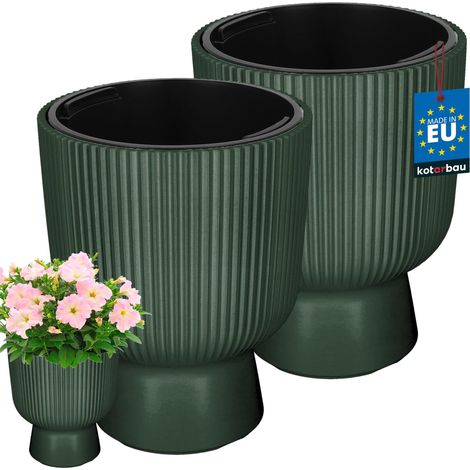 KOTARBAU® Lot de 2 Pot de Fleur - Pot Plastique Plante Ø 23 cm - avec Bac Intérieur - Pot de Jardin - Pot de Fleur Exterieur - H : 30 cm - PVC - Vert - Nervuré (1/4)