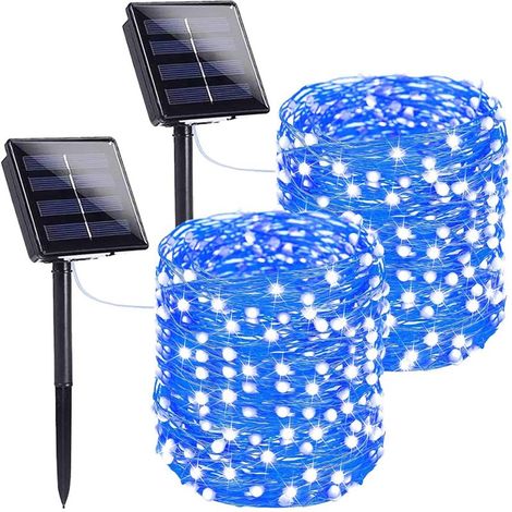 2er-Pack Solar-Lichterkette Außenbereich, 20 m 200 LEDs, wasserdicht, 8 Modi, Kupferdraht (Blau)