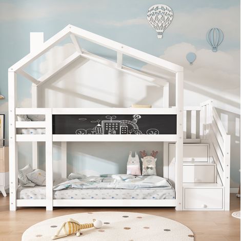 Kinder-Hochbett 90x200 cm mit Stauraumtreppe, Tafel und weißem Rauschutz HAVRYA (1/5)