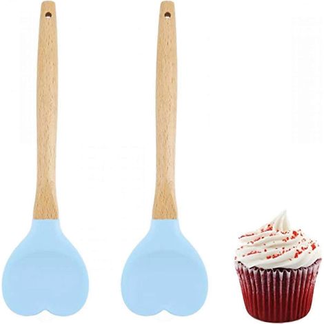 Silikonspatel mit herzförmigem Holzgriff (2er-Set), Rührlöffel, zum Kochen, Mischen, Backen und für andere Küchenarbeiten – Blau (1/5)