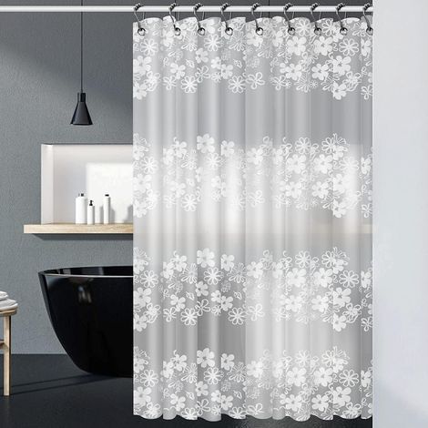 Waterproof Shower Curtain, EVA [Anti-mold] [Weighted Hem] Elegant Shower Curtain with 12 Hooks, 180 x 180 cm - Floral Pattern - Translucent