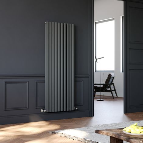 ELEGANT Vertical Radiator 1600 x 590mm Double Panel Designer Anthracite Oval Column Heating Rad with Angled Radiator Valves (1/5)