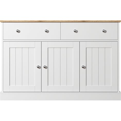 Buffet und Sideboard mit 3 Türen und 2 Schubladen, Push-to-Open, Geprägte Fronten, aus Spanplatte, Weiß, 120×36×80,5 cm (1/5)