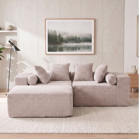 Divano angolare modulare 266 x 110 x 60,01 cm, 3 moduli, tessuto ciniglia beige HAVRYA (1/5)