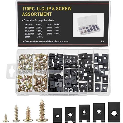 170 pièces clips de fixation voiture,clips voiture,agrafes carrosserie,85 vis cruciformes, 85 clips de montage en U pour voiture, clips de fixation pour garde-boue (1/5)