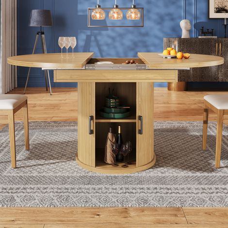 Table extensible in MDF color naturale effetto noce 118(158)x118x76,8 cm con vano contenitore integrato (1/5)